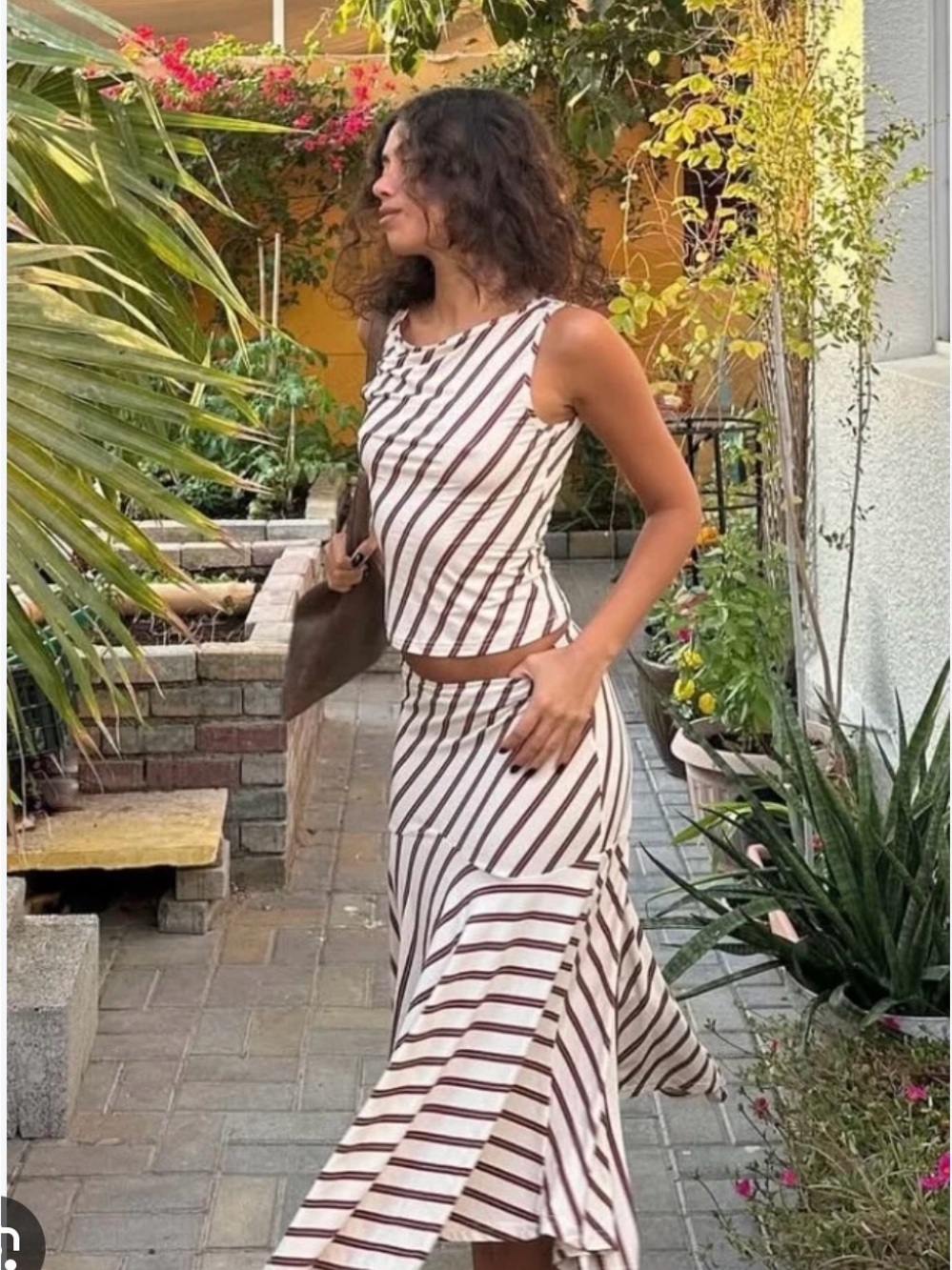Striped Sleeveless A-Line Skirted Dress in Cream and Brown and red